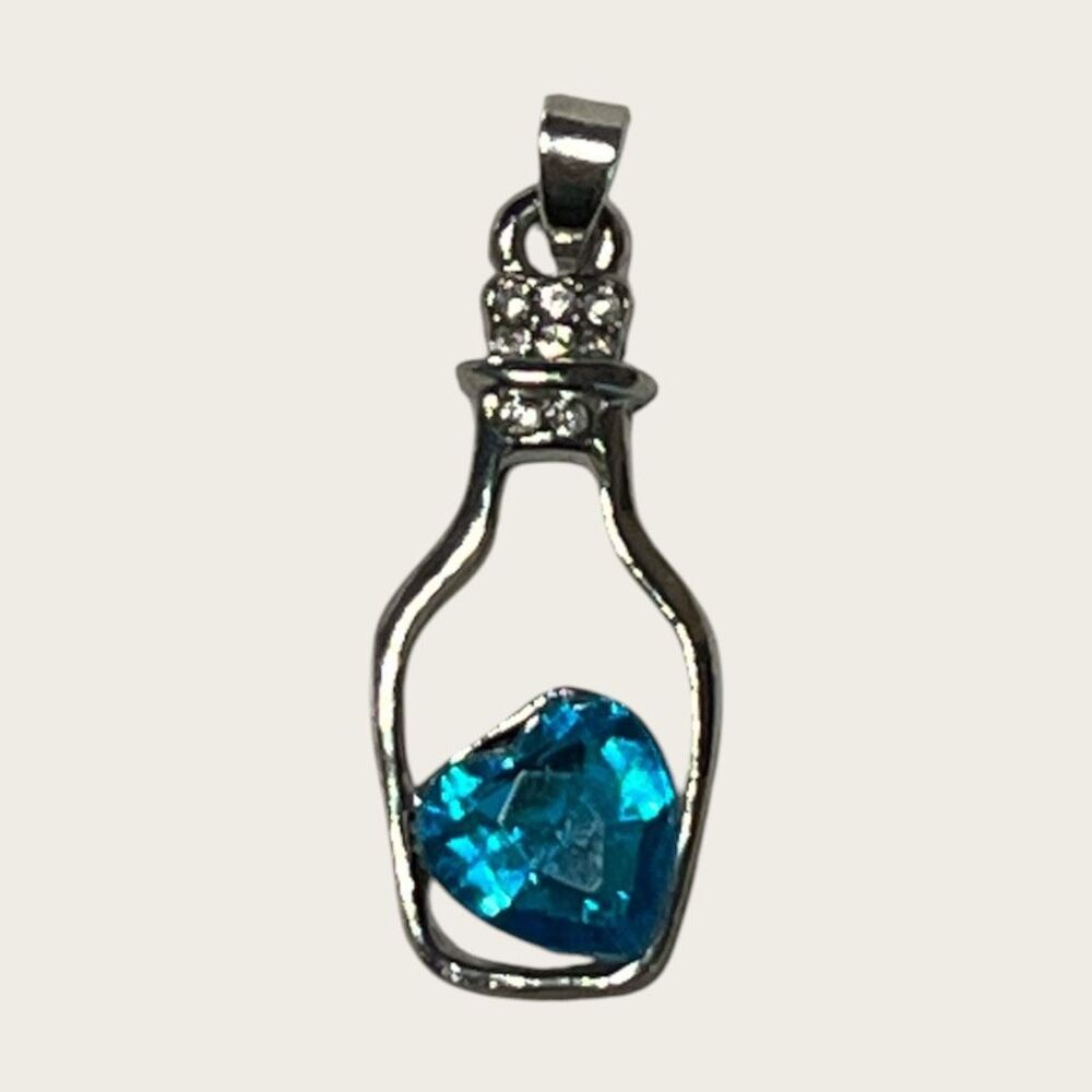 Blue Heart Crystal Bottle Pendant Silver Tone 1.25โ